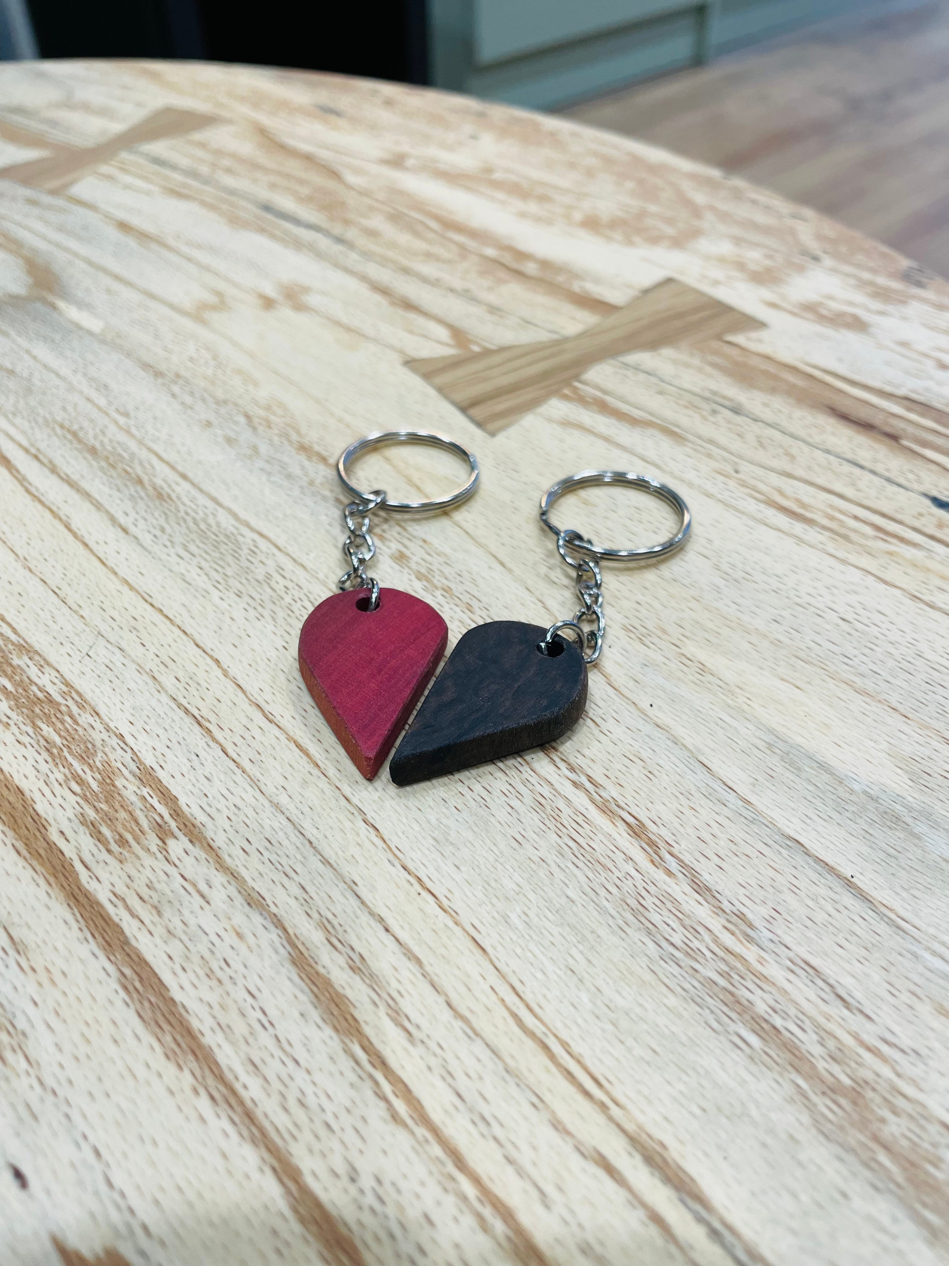 Lovers half heart Exotic African hardwood rare Pink Ivory and Wenge Keyring set